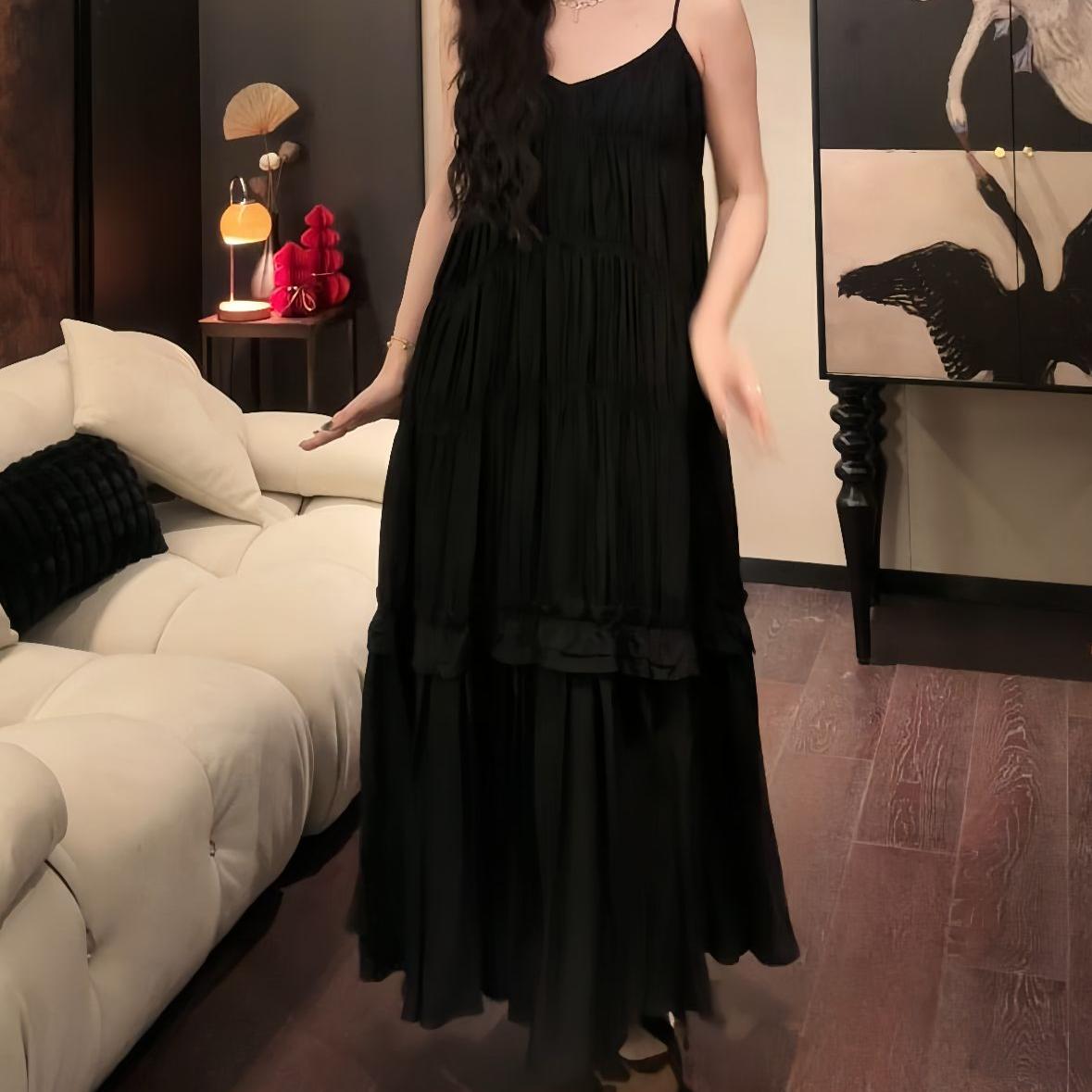 三吉黑花【无尽夏】醋酸吊带连衣裙子2025新款高级感穿搭大摆长裙