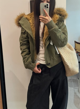 RARELY高品质布料100还原 大毛领毛绒内胆工装棉服外套 军绿/黑色