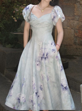 P.tree “马拉加的蓝紫珍珠” 亚麻印花浪漫法式连衣裙