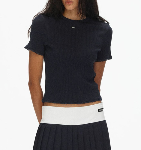 ECHOADE时髦经典 甄选高弹竖坑纹针织 蕾丝花边点缀短袖T恤