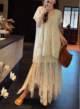 三吉黑花「92折6/29」【九尾狐】激光镂空绳绣夹丝提花蕾丝连衣裙