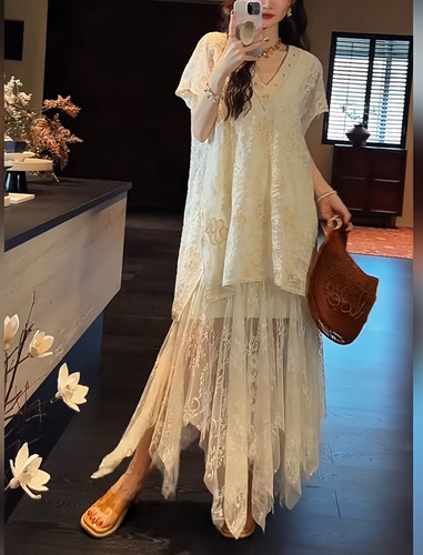 三吉黑花「92折6/29」【九尾狐】激光镂空绳绣夹丝提花蕾丝连衣裙