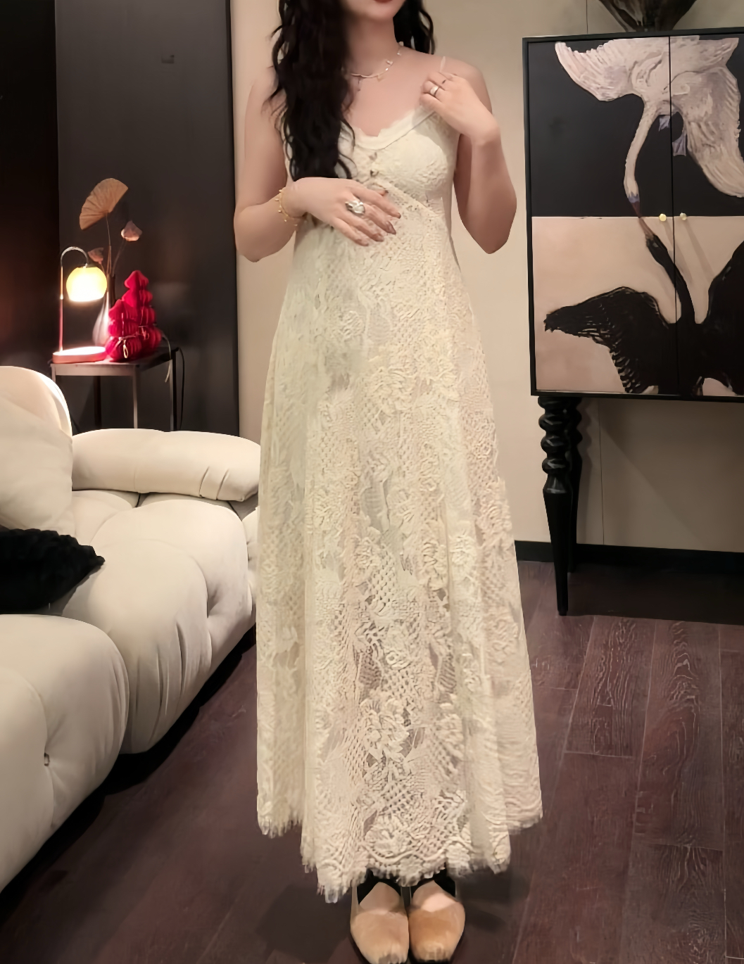 三吉黑花【天仙子】国风新中式重工提花蕾丝连衣裙子流行吊带长裙