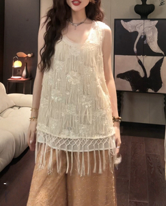 三吉黑花「7/10晚8点新品95折【鎏光】镂空珠片刺绣流苏天丝背心