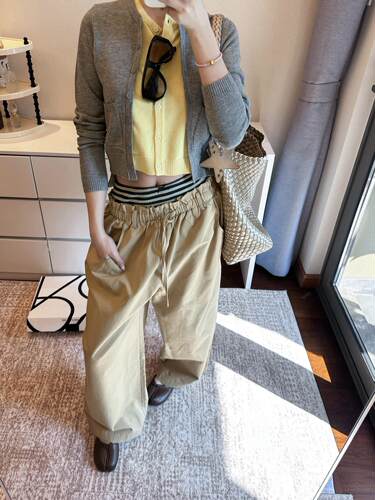 RARELY  双腰头条纹拼接阔腿工装裤 卡其/藏蓝