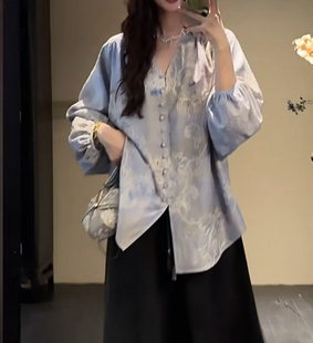 三吉黑花【小河山】新中式灯笼袖刺绣衬衫外套2025早秋轻奢小上衣