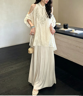 三吉黑花【晴川】新中式蕾丝珠绣露肩国风连衣裙子女夏2026巨好看