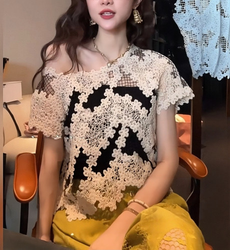 三吉黑花「7/13日20点」【如葵】水溶牛奶丝绳绣镂空不对称短上衣