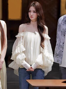【现货】韩国fletta徐璐同款氛围感气质一字领露肩吊带衬衫上衣女