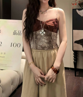 三吉黑花【池藻】国风吊带背心女内搭2025新款女夏外穿剪花拼接潮