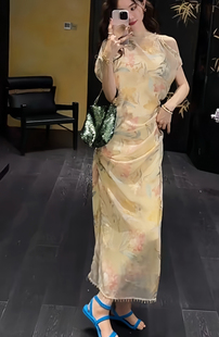 三吉黑花「92折7/7」【艺术家】人丝烧花设计捏褶醋酸层次连衣裙