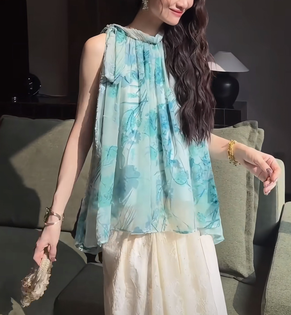 三吉黑花【云象花】新中式丝绒烂花衬衫女款2026新款无袖挂脖上衣