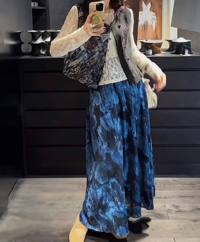 三吉黑花【霜颜】国风新中式植绒半身裙女2025新款晕染A字长裙子