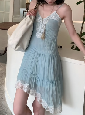 ASM 安娜/法式度假风蕾丝花边日本宾霸铜氨丝中长款吊带连衣裙女