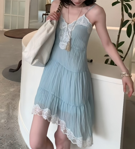 ASM 安娜/法式度假风蕾丝花边日本宾霸铜氨丝中长款吊带连衣裙女