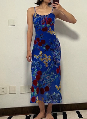 TR她热 致命女人 蓝色粉色丝绒烧花樱桃复古吊带辣妹显瘦连衣裙