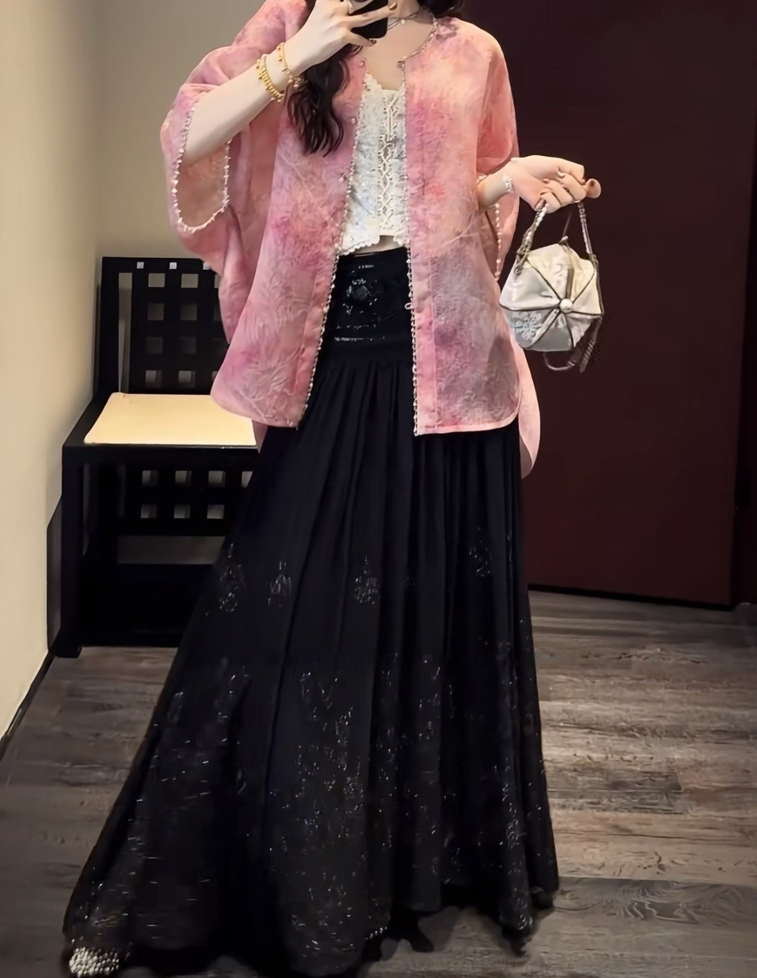 三吉黑花【扶泽】新中式珠绣网纱烫金缎面A字半身裙女碎花长裙潮