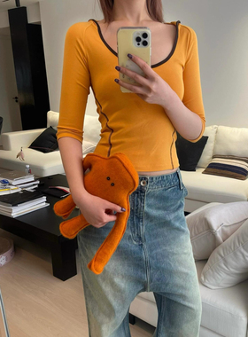 RARELY  撞边修身连帽针织中袖T恤 灰色/橙色
