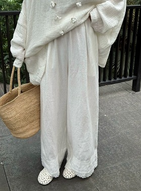 Owish 倪妮同款 超垂日本重磅砂洗100天然亚麻定纺蕾丝直筒垂垂裤