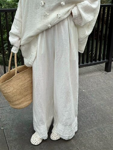 Owish 倪妮同款 超垂日本重磅砂洗100天然亚麻定纺蕾丝直筒垂垂裤