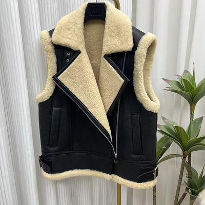 海宁女士时尚保暖羊毛皮毛一体机车风时尚网红马甲皮草外套