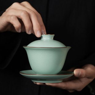 汝窑三才盖碗豆青月白大号泡茶碗单个铁胎开片可养高档泡茶不烫手