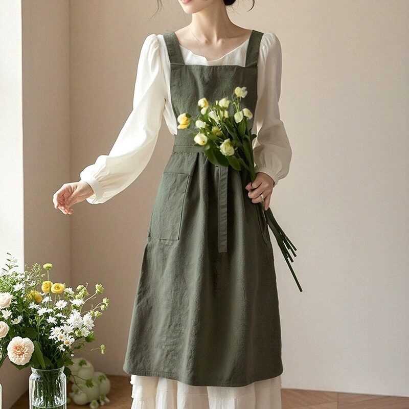 搭配长裙写真拍照用的围兜兜文艺风围裙女画室美甲店花店做饭厨房