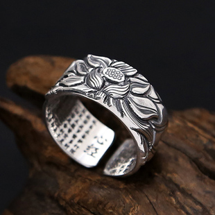 S999足银心经纯银戒指男士宽版荷花莲花雕刻时尚复古泰银伸缩指环
