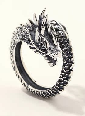 时尚个性复古霸气黑龙纯银戒指男士韩版潮人开口神龙泰银生肖指环