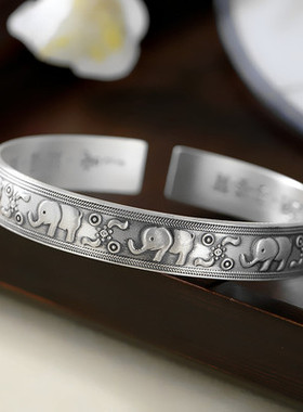 潮流复古足银999手镯女创意森系纯银做旧大象手环民族风心经手饰