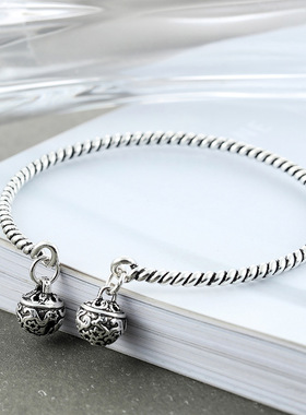 编织银线手环创意玲珑球纯银手镯民族风复古双头铃铛灯笼手饰品