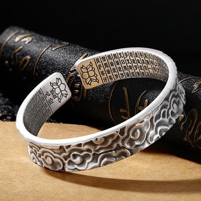 时尚潮流足银999手镯复古心经祥云宽面潮人个性开口纯银泰银手环