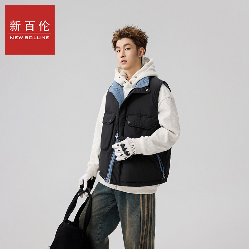 新百伦冬季保暖复古工装立领羽绒马甲90鸭绒男女款情侣外穿背心潮