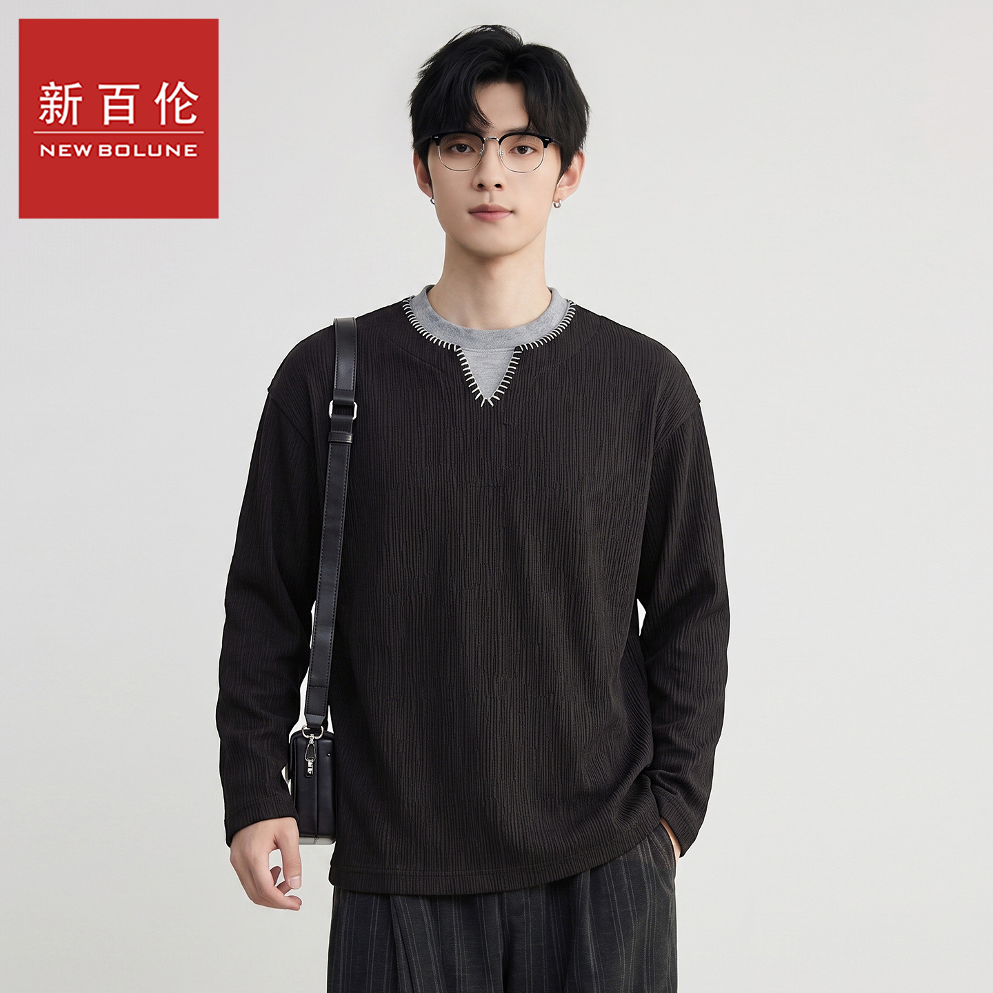 新百伦2026秋季新品男圆领卫衣内衬假两件一体化V形开襟撞色上衣