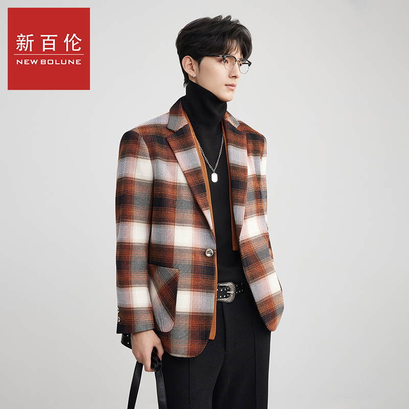 新百伦时尚西服秋季新款潮牌高级感复古经典格纹宽松通勤休闲西装