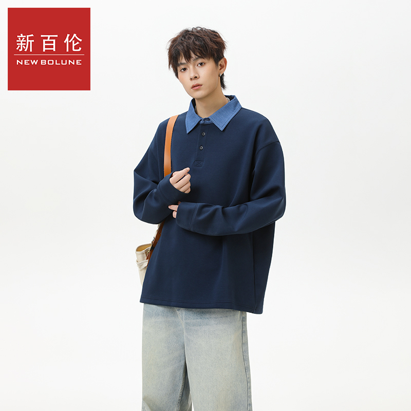 新百伦拼接翻领撞色卫衣男女同款秋冬季加绒保暖大码POLOT恤上衣
