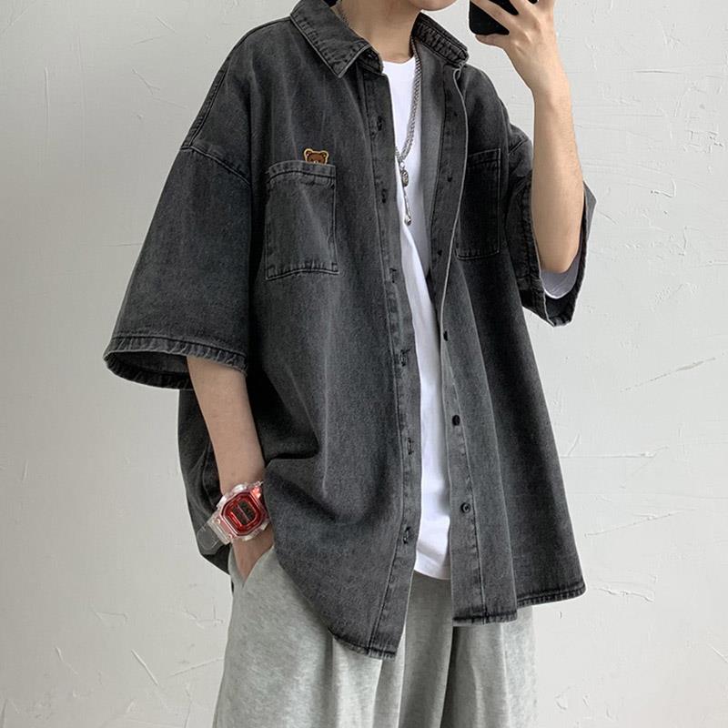 日系古著潮流牛仔衬衫男短袖宽松2XL款 外套痞帅风格