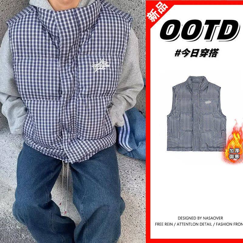 美式复古刺绣无袖格子棉服马甲外套男秋冬保暖条纹无袖背心棉衣女