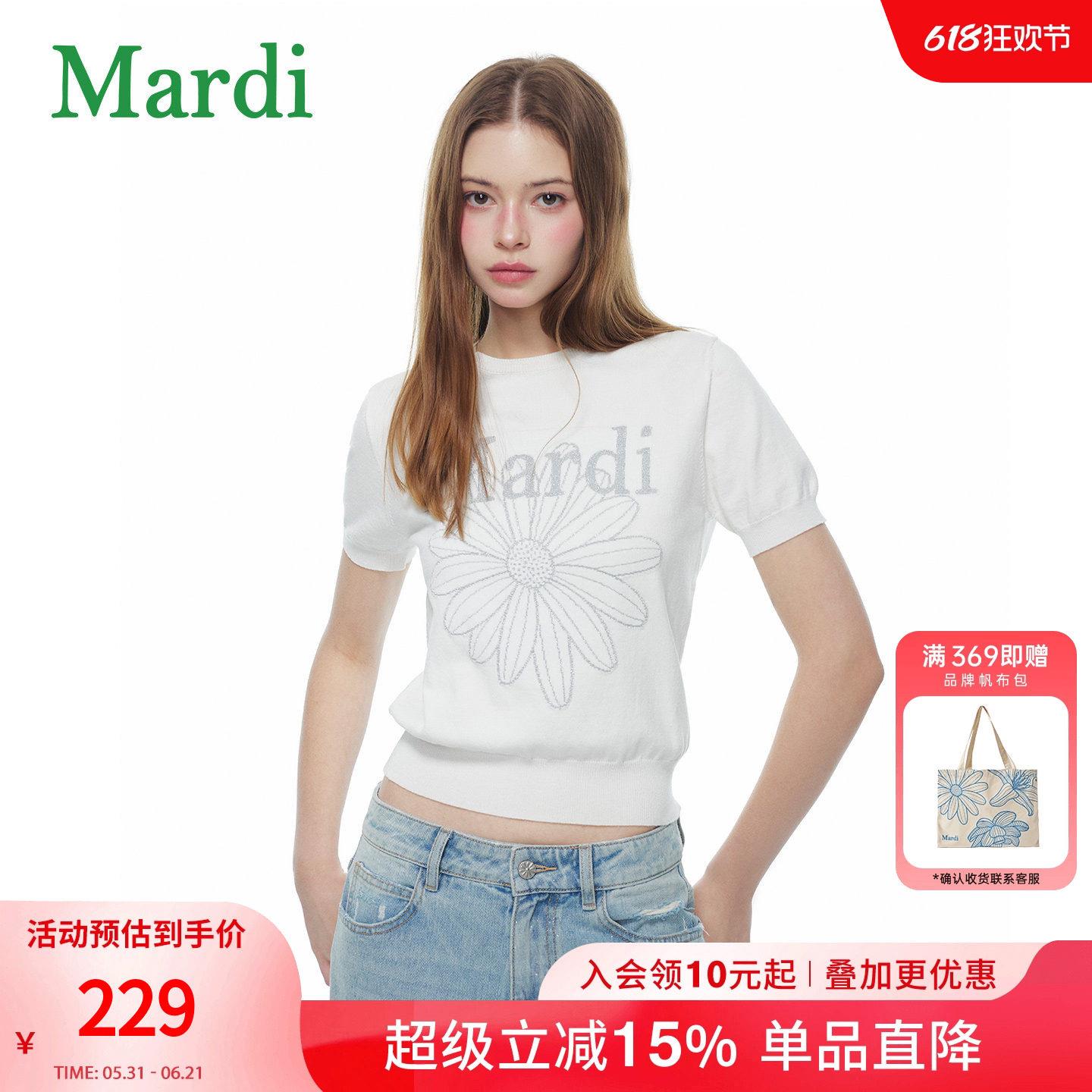 MARDI雏菊风白色短袖T恤女夏宽松显瘦圆领针织上衣花朵印花休闲风
