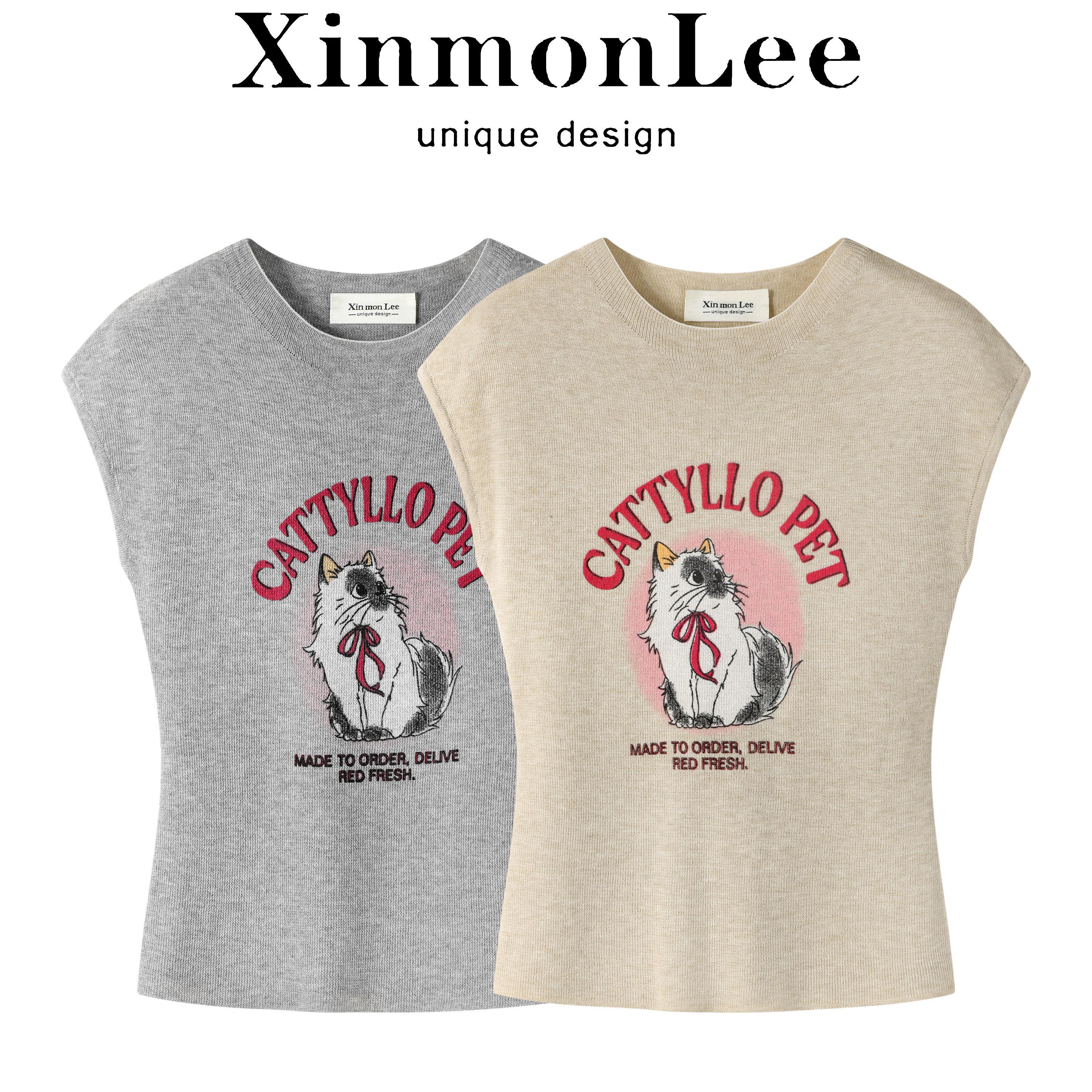 XinmonLee韩式卡通风猫咪印花无袖T恤女夏季减龄圆领短袖上衣短款
