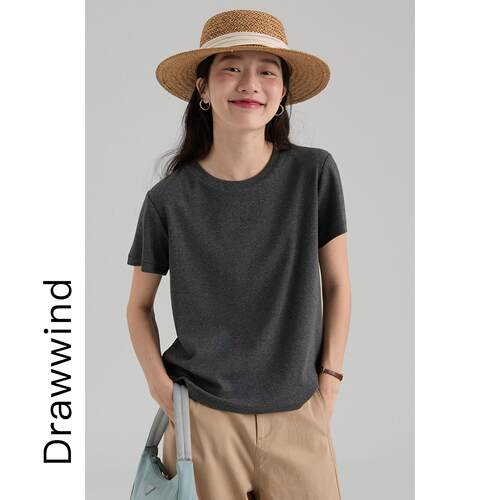 画风drawwind2026夏季新款短袖T恤女宽松纯色天丝糯米棉圆领上衣