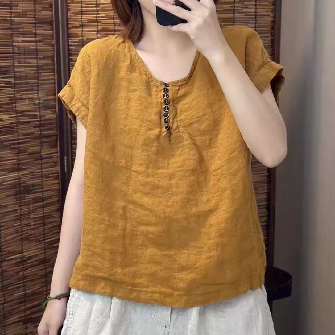 夏季新款复古100%亚麻T恤女纯色宽松显瘦圆领短袖套头衫短款上衣