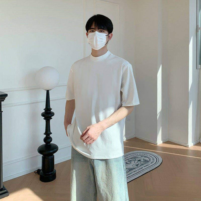 白口阳 日常简约百搭纯色t恤男高领短袖精致韩版潮流ins五分袖