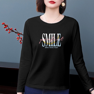 大码纯棉长袖t恤女秋装春夏新款中年妈妈秋衣黑色打底衫宽松上衣