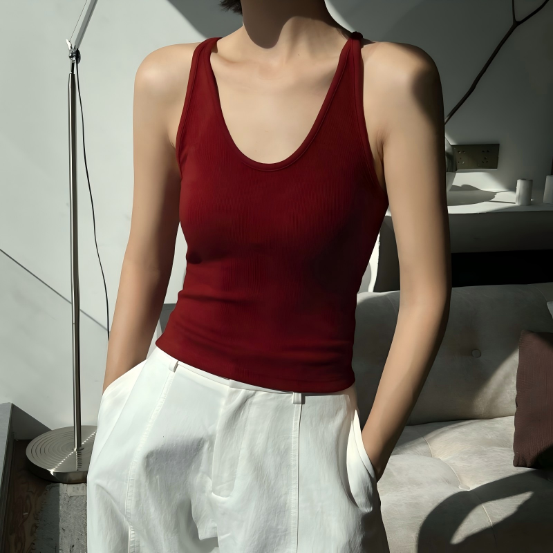 背心女带胸垫一体式固定杯吊带内搭纯棉u型遮副乳美背外穿修身