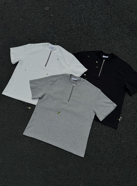 POPLAR CLASSIC华夫格半拉链短宽纯色短袖cleanfitT恤宽松上衣