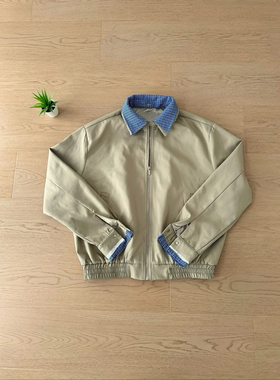 POPLAR CLASSIC蓝格子翻领哈灵顿飞行夹克cleanfit学院风短款外套