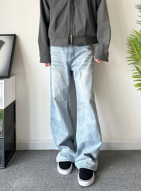 POPLAR CLASSIC复古水洗猫须A字浅蓝色微喇做旧牛仔裤cleanfit