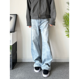POPLAR CLASSIC复古水洗猫须A字浅蓝色微喇做旧牛仔裤cleanfit