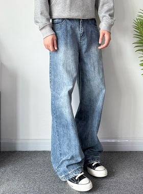POPLAR CLASSIC 复古做旧水洗clean直筒牛仔裤宽松阔腿休闲长裤男